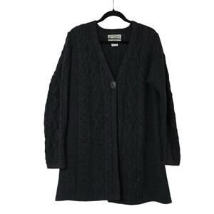 Vintage Aran Crafts Merino Wool Dark Gray Chunky Cable Knit Cardigan Sweater L